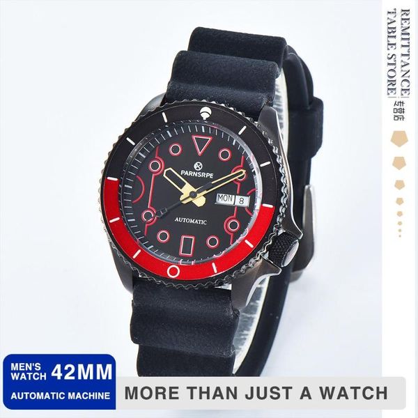 Armbanduhren Parnsrpe – Luxus-Casual-Saphirkristall-Herrenuhr NH35A, Tauchen, PVD, schwarzes Gehäuse, rotes Muster, automatisch mechanisch