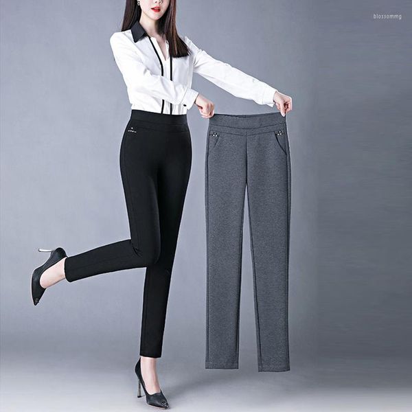 Calça feminina primavera outono elegante na cintura alta estirada casual slim feminino de meia -idade de calça as mulheres moda todas combinam lápis preto cinza