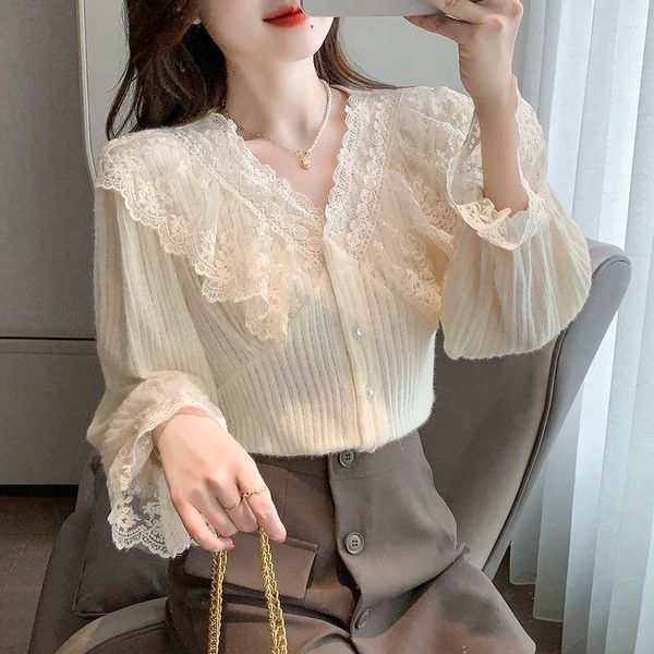 Frauen Blusen Blusas Mujer De Moda Koreanische Version Spleißen V-ausschnitt Mode Spitze Bluse Shirts Bodenbildung Shirt Frauen Damen Tops 605H