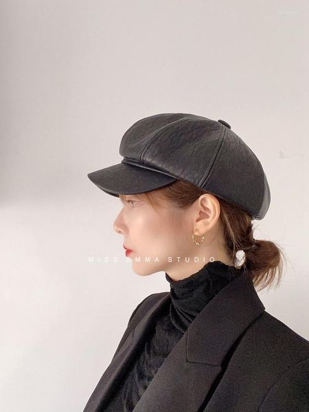 Berretti Autunno Inverno Cappelli Donna Solid Plain Ottagonale Sboy Cap Ladies Casual PU Leather Hat Beret Fashion Retro Painter