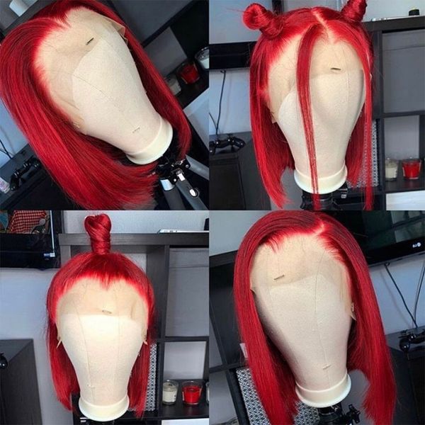 Gerade rote Bob-Echthaar-Perücke mit Spitze vorne, 150 % Dichte, leimfrei, gefärbt, Remy, vorgezupfter Haaransatz, kurze Bob-Synthetik-Perücke