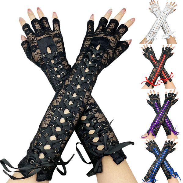 FESTIMENTO DE FESTO DINAN LACE LACE Luvas de cetim Bandina Bandagem Luvas solares de renda feminina 39 cm de comprimento punk halloween malha renda de noiva luvas de casamento