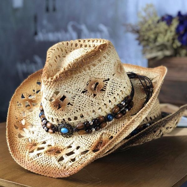 Cappelli a tesa larga Secchiello Moda Laminato Jazz Cowboy Paglia Primavera ed estate Uomo Donna Gem Strap Beach Cap Sun Outdoor Shade Hollow Knight 230214