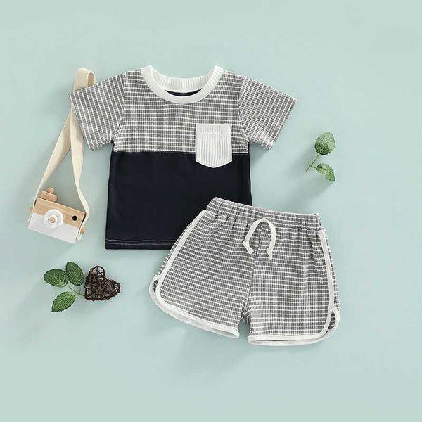 Kleidung Sets Sommer Neue Kinder Baby Jungen Hosen Anzug Kleidung Kurzarm Plaid Print Tasche TopsElastische Shorts PCS Outfits für Kleinkind