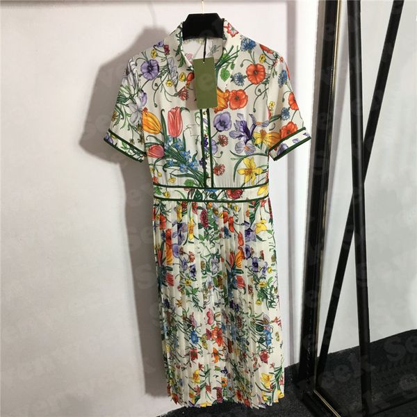 Vestidos plissados ​​com estampa floral para mulheres Camisetas casuais de manga curta de verão Charm de moda de moda lindas saias longas