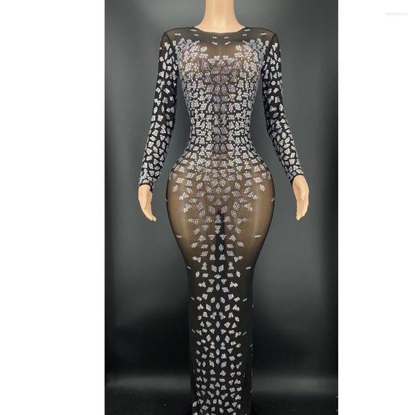 Bühne tragen Strass Sexy Schwarz Transparent Lange Ärmel Kleid Geburtstag Prom Kostüm Sparkly Abend Frauen Tänzerin Leistung