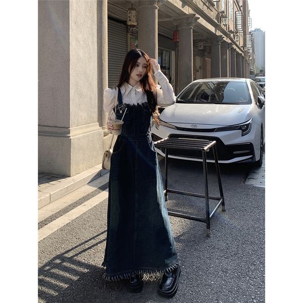 Vestidos casuais Brace de jeans feminino Spring Suspender Long Aline Skirt Sense Fashion Streetwear Feminino 230214