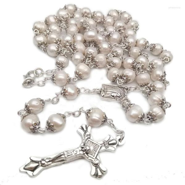 Collane con ciondolo Collana con catena lunga di perle naturali bianche cattoliche Vergine Santo Gesù Croce Rosario Perline Gioielli di preghiera religiosa