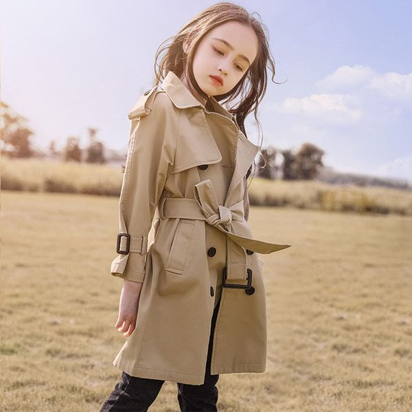 Jackets 4-13y adolescentes garotas longas casacos de moda moda England jaqueta de windbreaker para meninas primavera outono de outono infantil 230211