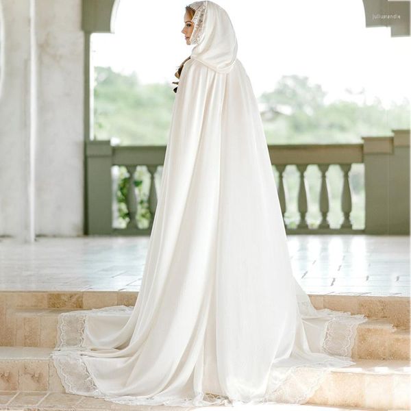 Envolve branco seda de seda capa longa com capuz com capuz de casas de casamento renda personalizada feita de noiva bolero