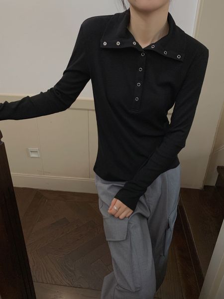 Женская футболка женская кнопка Polo Tops с длинным рукавом Henley T Roomts 230214