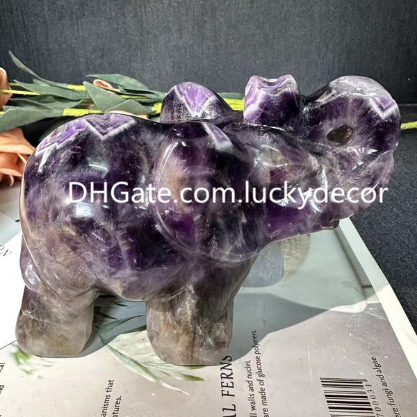 Traum-Amethyst-Elefant-Schnitzerei, Gartenfigur, dekoratives Geschenk, natürlicher Chevron-Amethyst-Kristall, Elefanten-Quarz-Statue, glücklicher, gebänderter Edelstein, Tierschädel, 11,9 cm