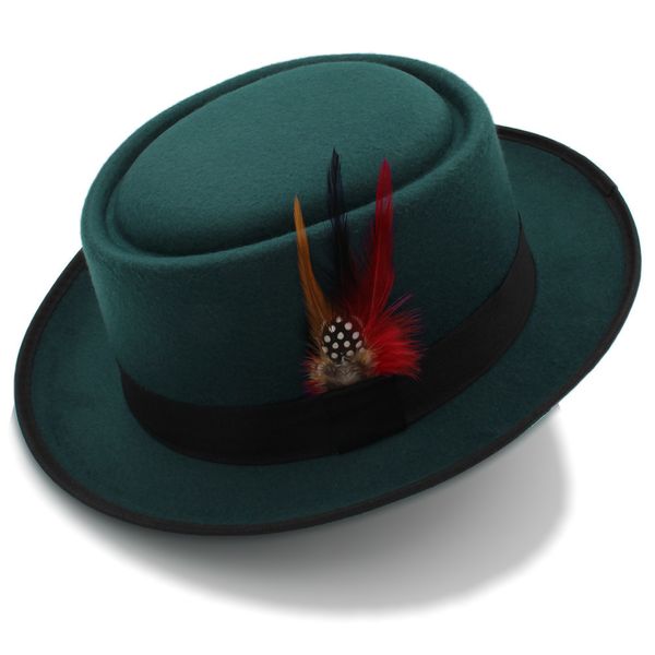 Breite Krempe Hüte Eimer Mode Frauen Männer Pork Pie Dad Wolle Flache Fedora Dame Gentleman Gambler Panama Trilby mit Feder Größe 58 cm 230214