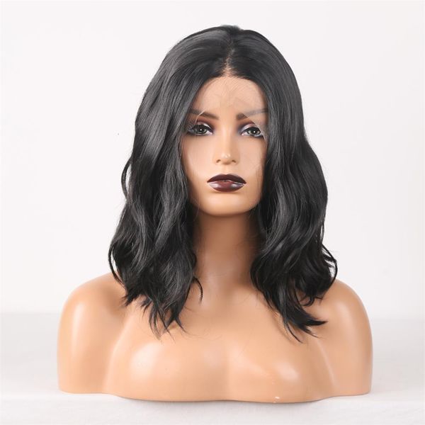 İnsan saçı fanxition kısa bob dalga kadınlar için sentetik siyah omuz uzunluğu dantel günlük cosplay giyim ısı fiber 230214