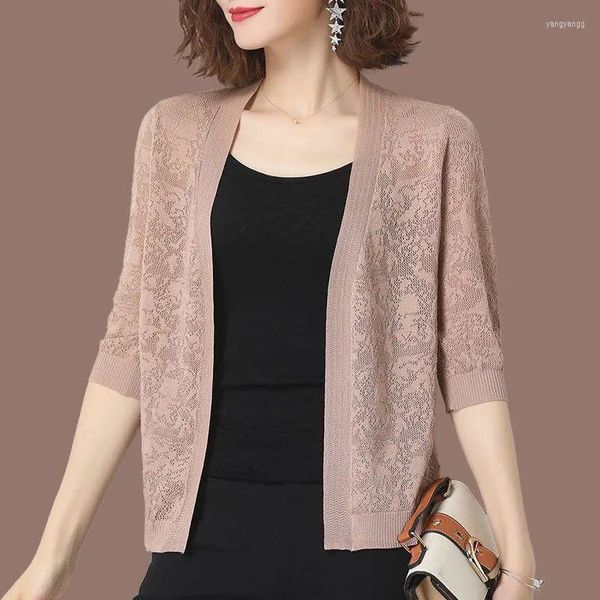 Jackets femininos Primavera Summer Summer Sun Protection Clothing Women v-colar Cardigan Sweater Female malha de três quartos de manga T755