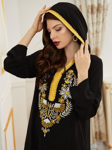 Abbigliamento etnico Autumn Eleganza ricami Plus size Maxi Dresses Women Abaya Kaftan Turkish Muslim Abito a maniche lunghe Nero