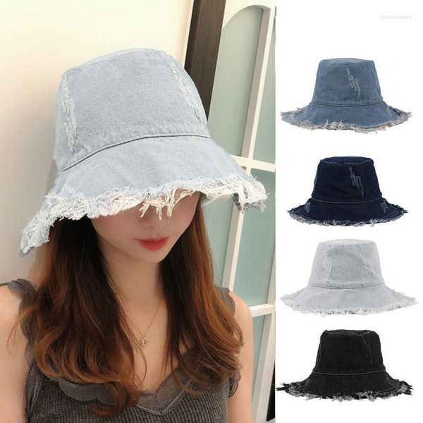 Cappelli a tesa larga Cappello a secchiello in denim vintage Donna Cotone lavato Pescatore Nappa Bacino per il tempo libero Semplice Cappellino da viaggio tutto-fiammifero Regalo Elob22