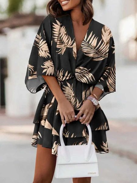 Günlük Elbiseler Tropikal Baskı Büküm Tasarım Günlük Elbise Kadın Batwing Yarım Kollu Yaz Elbise T230210