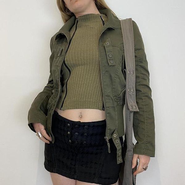 Kadın Ceketleri Kargo Tarzı Retro Ordu Yeşil Sonbahar Stand Yakası Uzun Kollu İnce Giysiler Şık Kadınlar y2k Vintage Zip Yukarı Katlar
