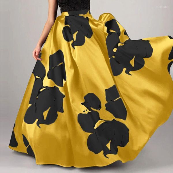 Röcke Frauen Hohe Taille Party Ballkleid Rock 2023 Casual Puffy Büro Pendeln Fashion Floral Print Tasche Gefaltete Lange