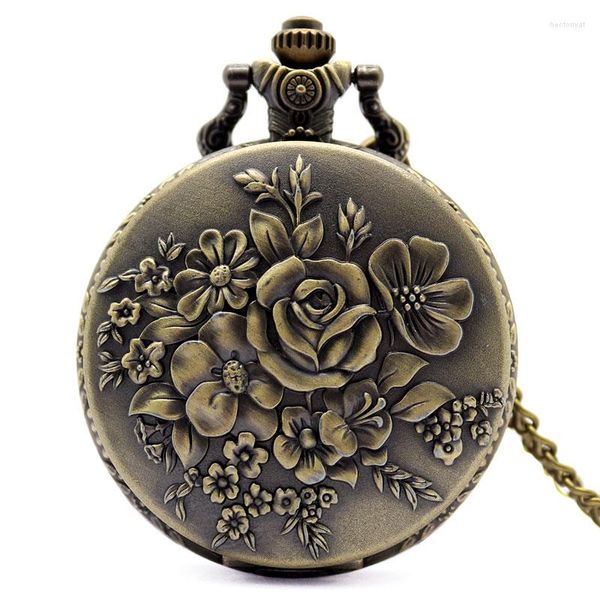 Orologi da tasca Eleganti fiori retrò in bronzo che sbocciano per le donne Collana vintage con catena e orologio da regalo
