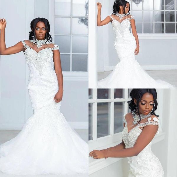 Vestido de noiva vestidos de sereia de tamanho sul -africano de tamanho sexy de colar de cristal alto 3d apliques de noiva