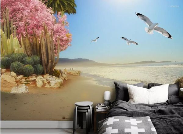 Tapeten 3D-Küste, tropische Pflanzen, Blumen und Vögel, Hintergrund, Wandmalerei, Tapete für Wände, 3D-Wohnzimmer