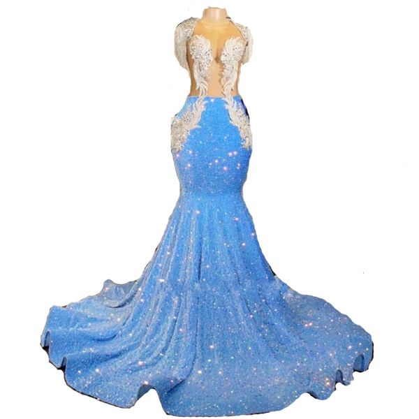 Abiti da ballo blu sexy Abiti senza schienale in pizzo Appliuqe Abito da festa per ragazze nere Sweep Train Paillettes Robe De Soiree 326 326