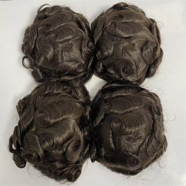 Перуанская девственная человеческие кусочки волосы шоколад коричневый цвет #2 32 мм волновые узлы pu toupees для мужчин