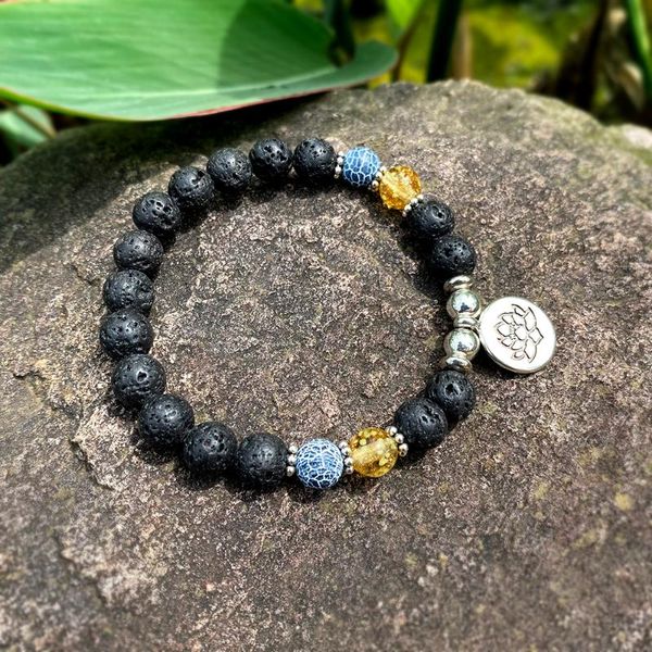 Bangle Men Meditação Buda Lotus charme preto rocha vulcânica Rock Sinchas elásticas Bracelets garganta chakra de garganta espiritual bracelbangl