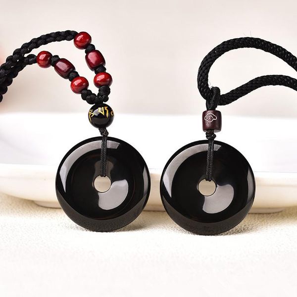 Подвесные ожерелья продают естественный обсидианский пончик черный энергетический камень счастливчики амулета для женщин ожерелье защищает вашу безопасность