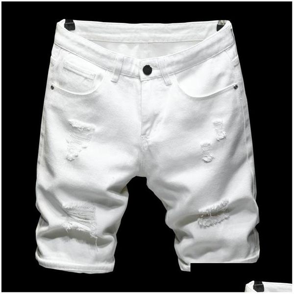 Jeans masculino ver￣o puro branco preto preto leve rasgado shorts jeans cl￡ssicos roupas de marca jovem jovens homens mans slim reto casual gota deli dhlfq