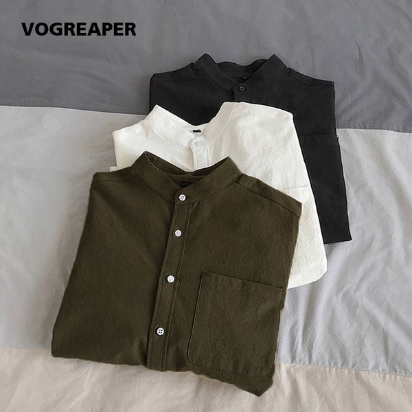 Camisas casuais de mensagens de design simples cores sólidas de manga longa colar de moda coreana de mandarim 100% algodão branco camisa preta macia e conforto 230214