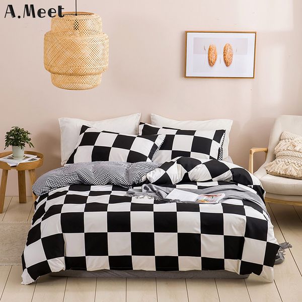 Bedding Sets Black and White Set Grid Lattice Linen Linen SummerDuvet Sets Cover Size King Size Consolador Rainha Twin Quarto Luxo 230215