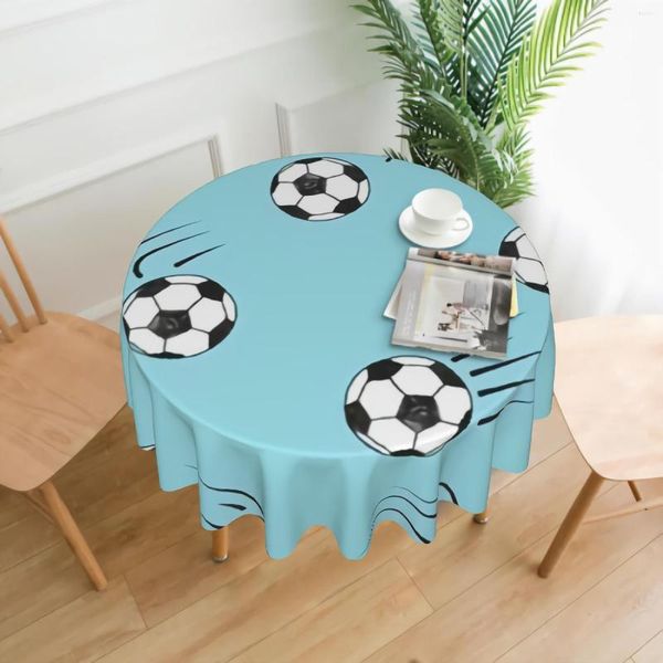 Tanta de mesa Bolas de futebol doodle na toalha azul Round Tonela à prova d'água Funcionário de futebol branco e preto