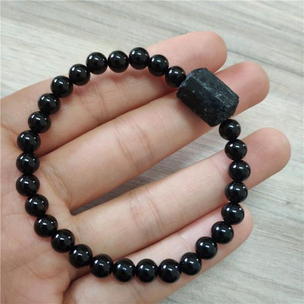 Strang Großhandel natürliche raue schwarze Turmalin Energie Heilung Mineralien Stein Perlen glänzend Onyx Perle Frauen Männer zierliche Armbänder