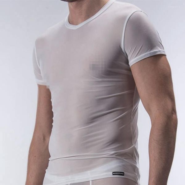 Herren-T-Shirts, Eisseide-T-Shirt, sexy Herren-transparente, durchsichtige Netz-Unterwäsche, durchsichtiges Kurzarm-Hemd, Unterhemd, Fitness, solide Blusas