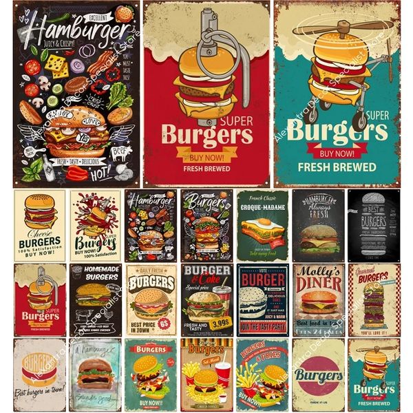 Hamburger Fast Food Targa in metallo Vintage Targa in metallo Ristorante Piatto da parete Poster per cucina Cafe Diner Bar Decorazione in ferro 20 cm x 30 cm Woo