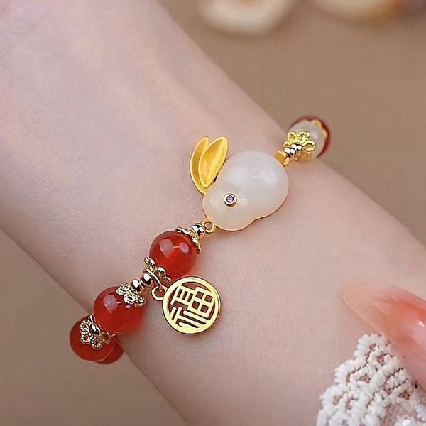 10 Stücke Chinesischen Stil Jade Kaninchen Segen Elastische Perlen Armband Für Frauen Charme Hase Tier Armreif Schmuck Geschenke