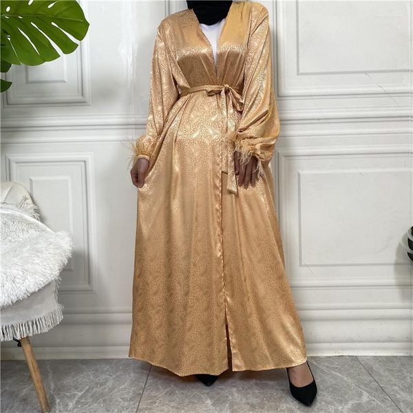 Roupas étnicas dubai moda aberta abaya peru árabe islã muçulmano cetim de cetim de manga longa vestido maxi para mulheres manto femme kaftan