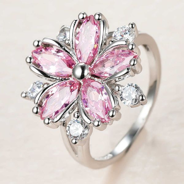 Anelli a fascia Carino femminile rosa cristallo pietra anello fascino colore argento anelli di nozze sottili per le donne Dainty sposa fiore zircone anello di fidanzamento G230213