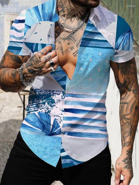 T-shirt da uomo T-shirt da uomo monopetto con colletto rovesciato T-shirt da spiaggia a maniche corte hawaiana floreale da uomo 2023 T-shirt stampata con bottoni sul risvolto