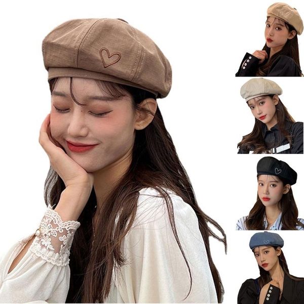 Berretti Vintage Plain Beret Cap Donna Ragazze Ricamo a forma di cuore Artista Cappello 2023 Stile francese Donna Casual Solid Berretti CapBerets