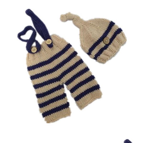 Conjuntos de roupas Baby Po Costume Roupas rec￩m -nascidas meninos de pografia Prop Crochet Knit Geral Bib Add Hat 2pcs Roupas listradas 1179 Y2 DHCHR