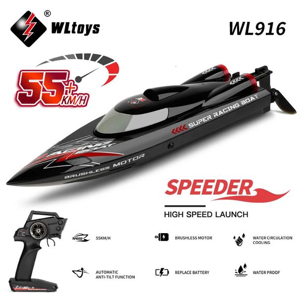 Электрические/RC Лодки Wltoys WL916 RC Boat 55 км/ч бесщеточные 2,4 г радиоэлектрическая высокоскоростная супер -гоночная модель модели вода скоростные лодки детские подарки RC Toys 230214