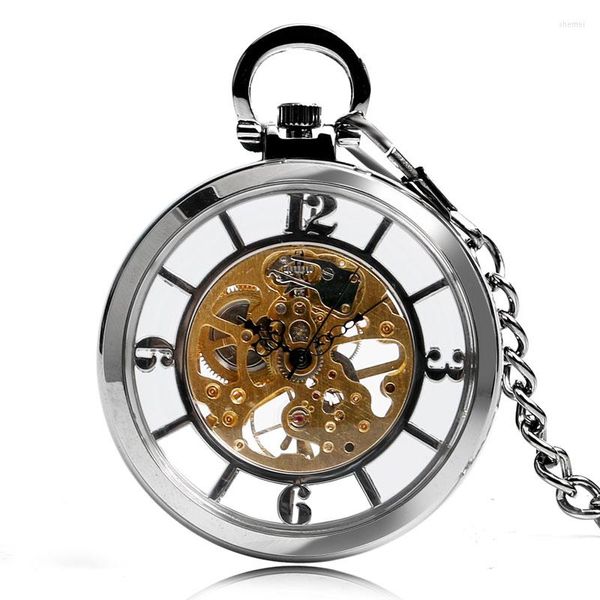 Pocket Watches Classic Silver Transparent Mechanical Hand Wind Skeleton Unisex FOB Relógio Requintado Relógio Presente com Cadeia Roman Número