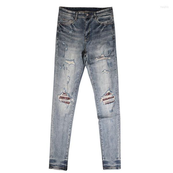 Herren Jeans Mode High Street Trendy Marke Herren Helle Löcher Patch Slim Fit Füße High-End-Hosen Bleistift