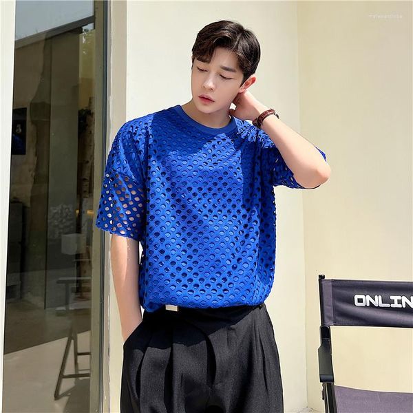 T-shirt da uomo 2023 Estate stile coreano Personalità Hollow Chiffon Uomo Casual T-shirt tinta unita allentata per taglia M-XXL