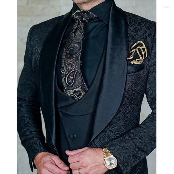 Herrenanzüge Floral Herren Hochzeit 2023 Italienisches Design Mode Maßgeschneiderte schwarze Smokingjacke 3-teilige Bräutigamkleidung