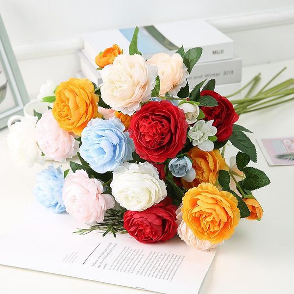 Декоративные цветы Красивый искусственный букет высококачественный осенний розы симуляция пион -фальшивый цветок дома свадебная вечеринка